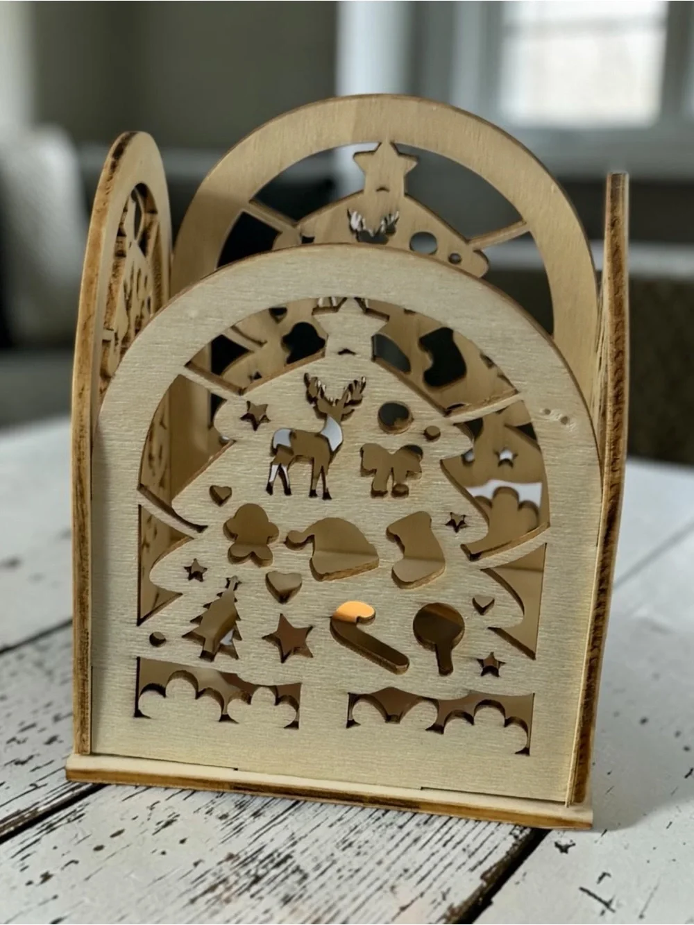 Wood carved Christmas tea light candle box winter scence (set of 6).